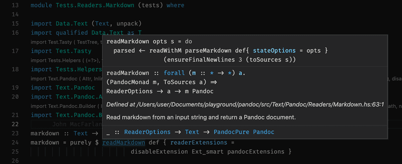 Viewing Pandoc source code on VS code